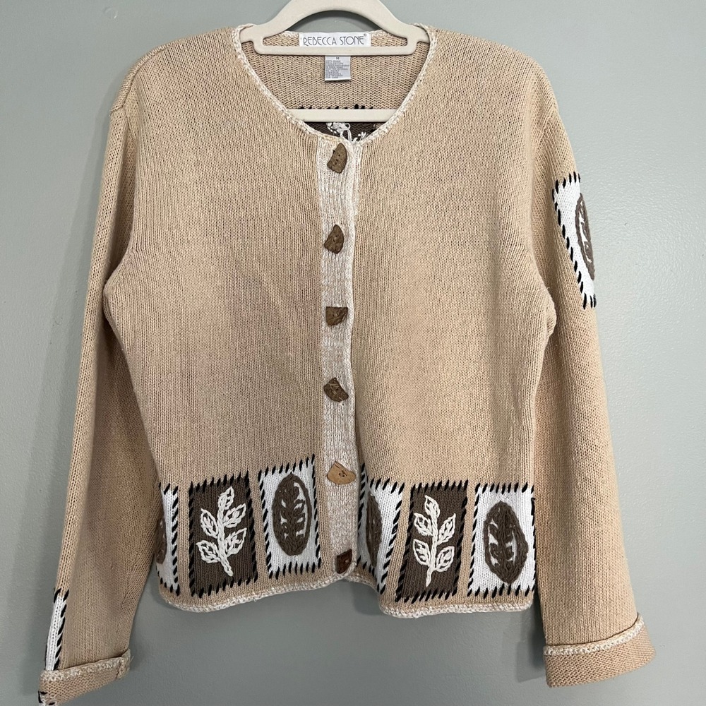 Rebecca Stone Tan Botanical Leaf Knit Cardigan Sweater Med Ramie Cotton‎ granny